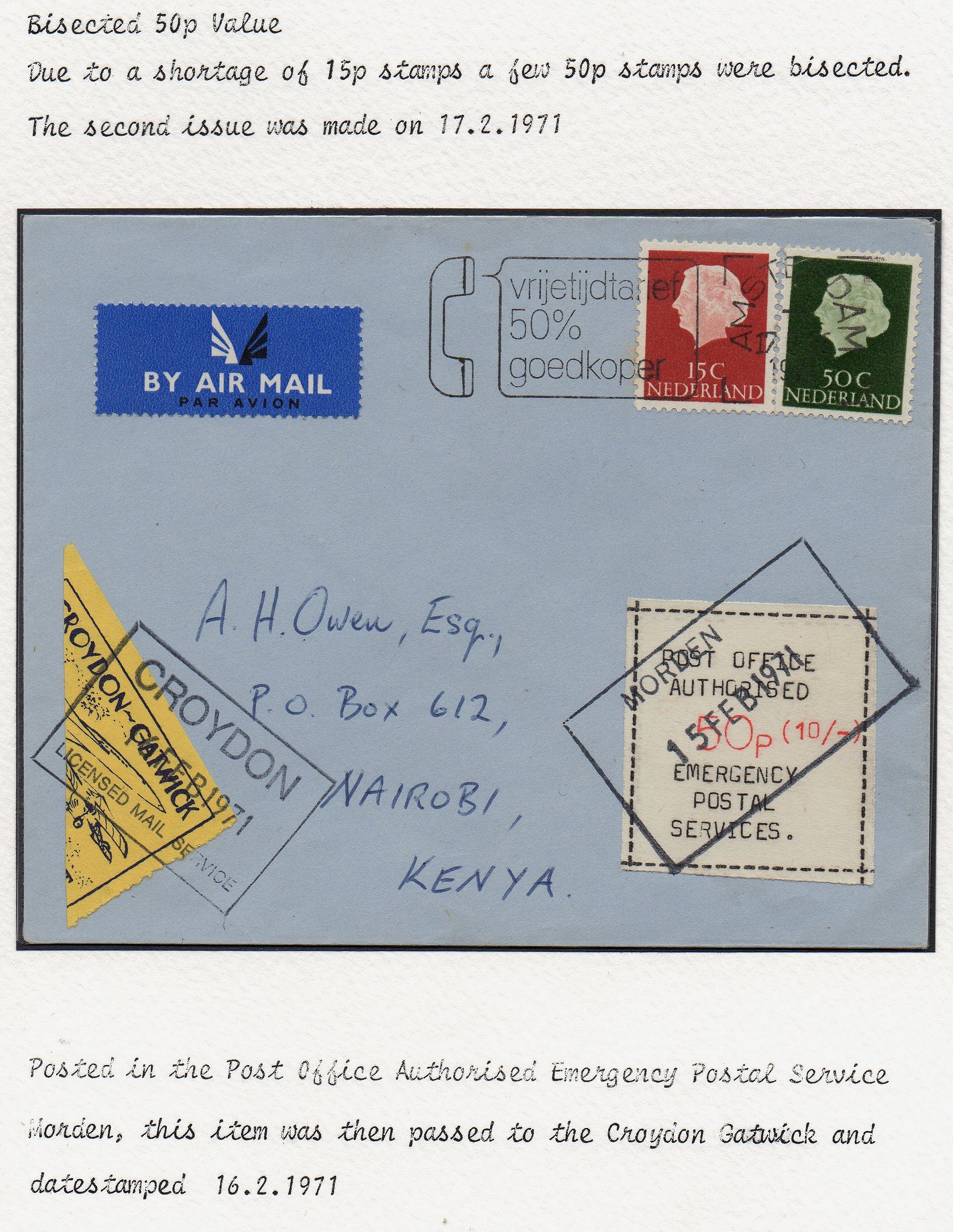 Post Office Authorised strike post mail (Morden, Surrey) Feb 15th 1971 cover handed to Croydon Gatwick Strike Post and cancelled with BISECTED 50p Concorde issue in place of 15p rate